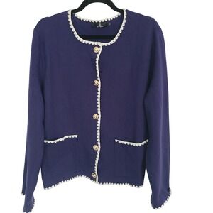 LILLUSORY Navy Blue Scallop Trim Cardigan Gold Button Lady Jacket Sweater XL